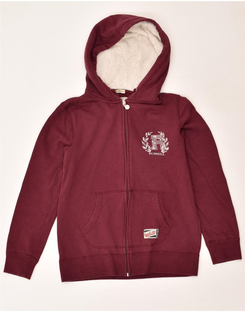 RUSSELL ATHLETIC Womens Zip Hoodie Sweater UK 12 Medium Burgundy Cotton | Vintage Russell Athletic | Thrift | Second-Hand Russell Athletic | Used Clothing | Messina Hembry 