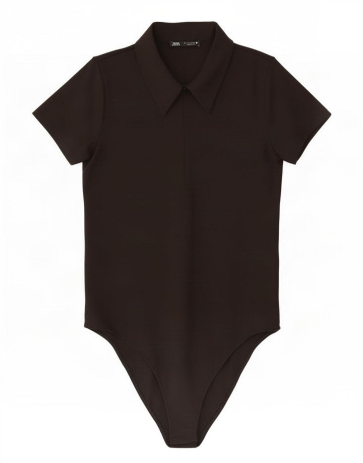 Zara Womens Shirt Bodysuit UK 14 Large Black Polyester