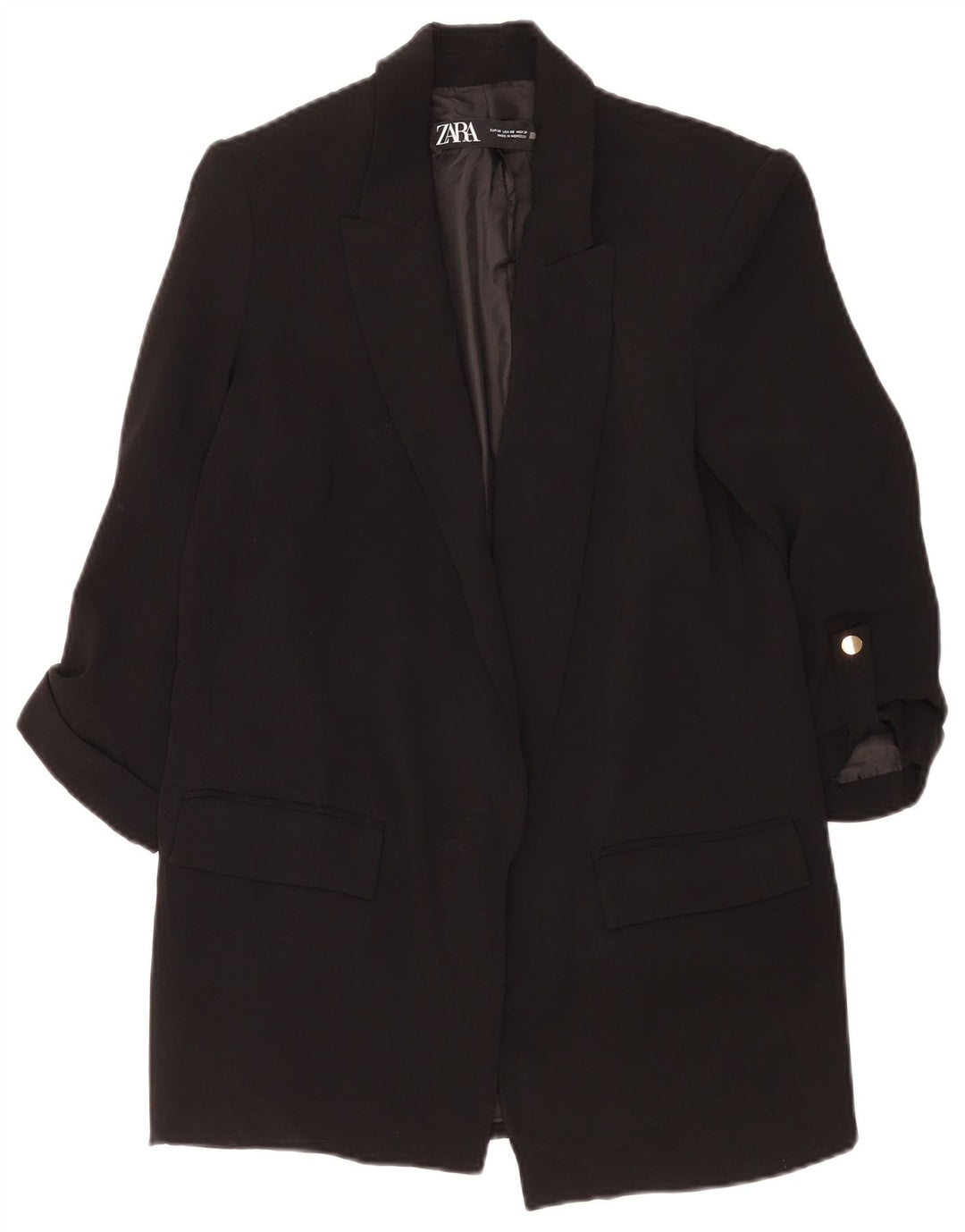 Zara Womens Oversized 3/4 Sleeve Open Blazer Jacket UK 6 XS Black Polyester
