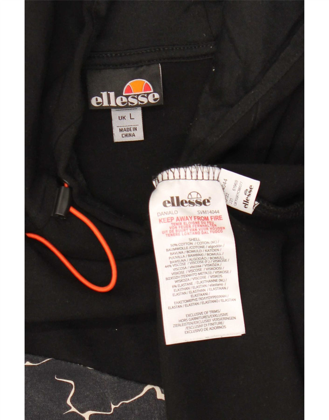 Ellesse Mens Hoodie Jumper Large Black Geometric Cotton