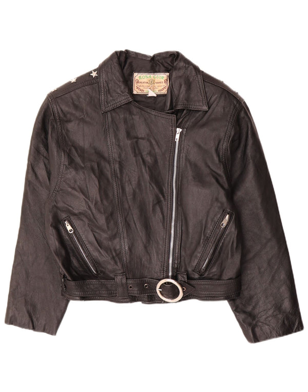 Vintage Womens Crop Leather Biker Jacket UK 12 Medium Black Leather