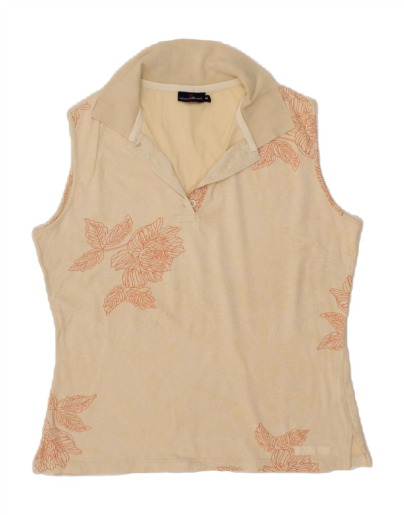 CONTE OF FLORENCE Womens Sleeveless Polo Shirt UK 14 Medium Beige Floral Vintage Conte of Florence and Second-Hand Conte of Florence from Messina Hembry 