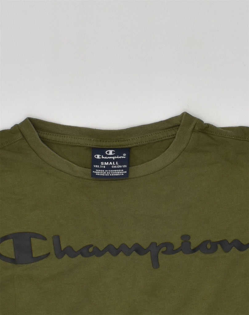 CHAMPION Boys Graphic Top Long Sleeve 7-8 Years Small Khaki Cotton | Vintage Champion | Thrift | Second-Hand Champion | Used Clothing | Messina Hembry 