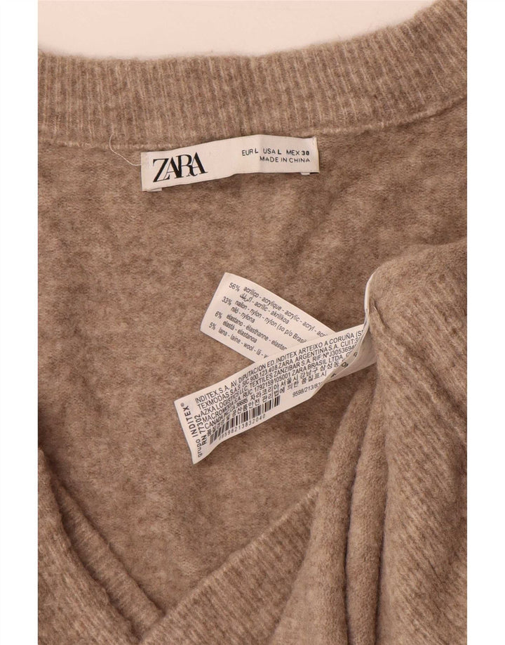 Zara Womens Oversized Longline V-Neck Jumper Sweater UK 16 Large Brown