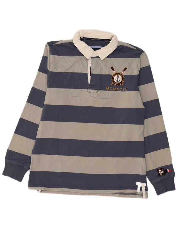 CREW CLOTHING Mens Graphic Long Sleeve Rugby Polo Shirt Large Grey Striped