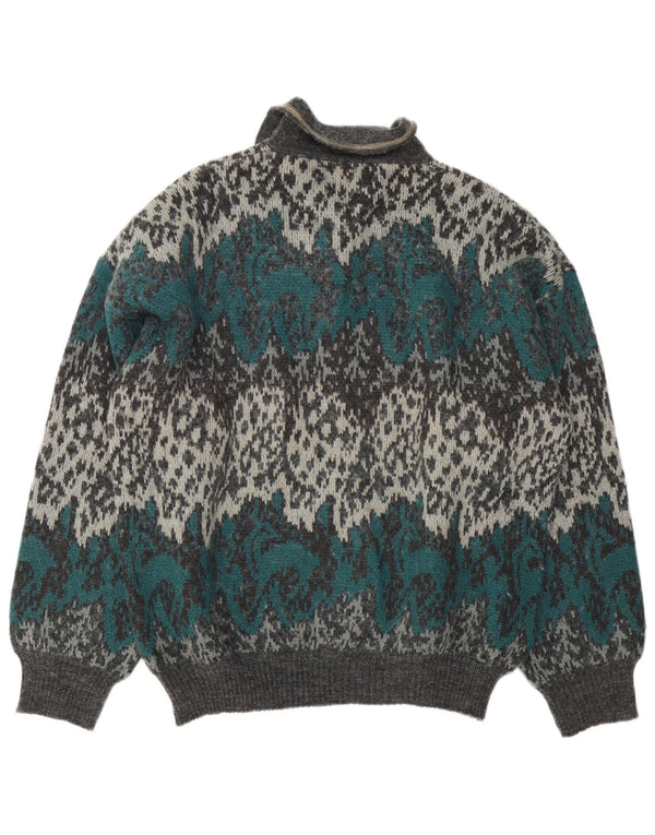 Vintage Mens Polo Neck Jumper Sweater XL Grey Animal Print