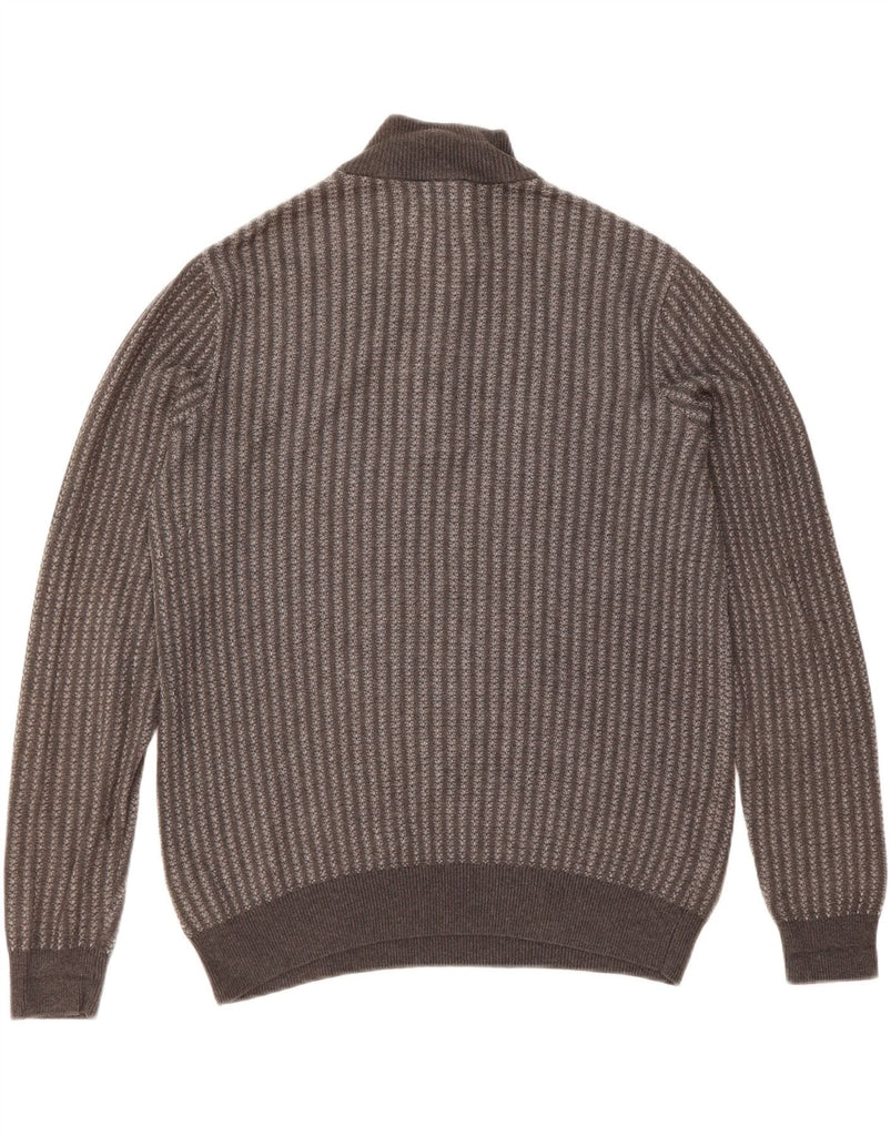 MARKS & SPENCER Mens Zip Neck Jumper Sweater Medium Grey Striped Cotton Vintage Marks & Spencer and Second-Hand Marks & Spencer from Messina Hembry 