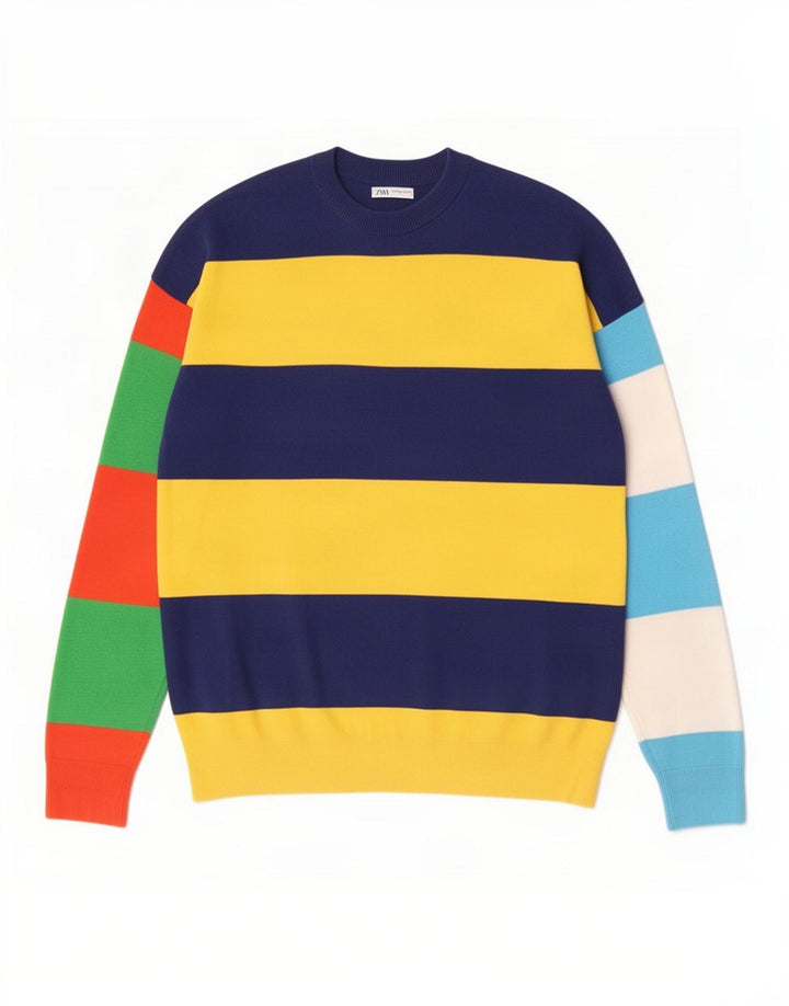 Zara Mens Crew Neck Jumper Sweater Medium Multicoloured Striped Cotton