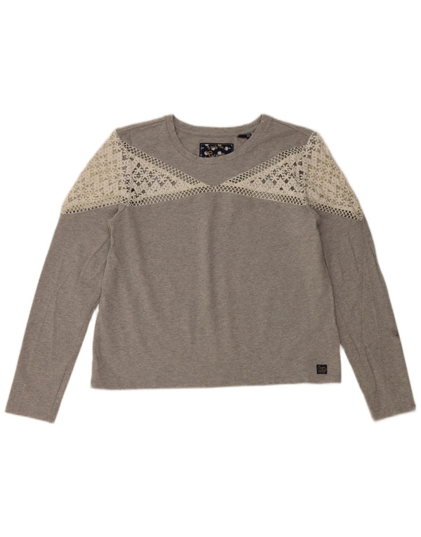 Superdry Womens Top Long Sleeve UK 12 Medium Grey Cotton