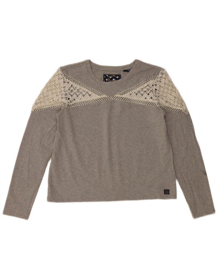 Superdry Womens Top Long Sleeve UK 12 Medium Grey Cotton