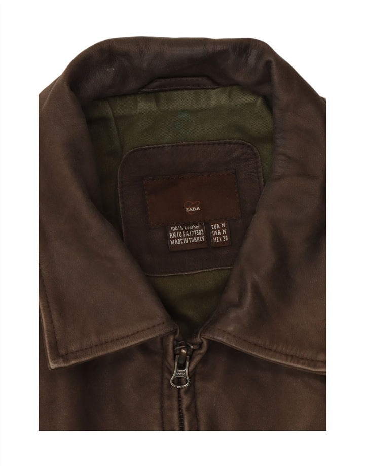Zara Mens Leather Jacket UK 38 Medium Brown Leather