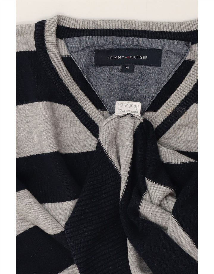 Tommy Hilfiger Mens V-Neck Jumper Sweater Medium Navy Blue Striped Cotton