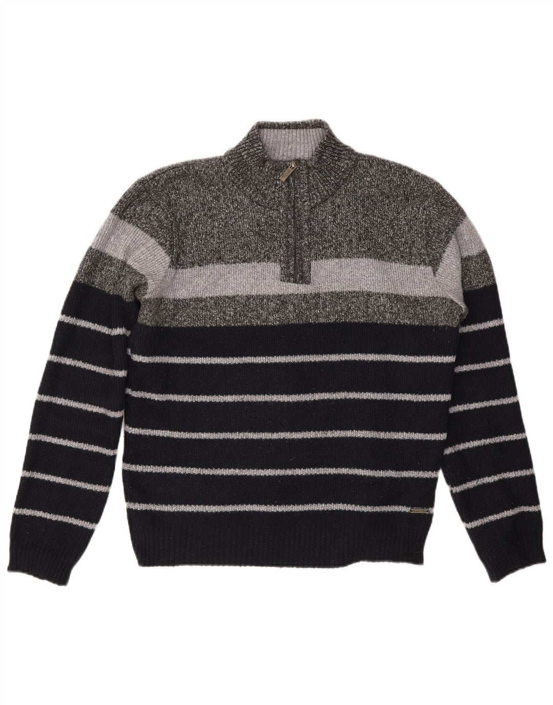 Pierre Cardin Mens Zip Neck Jumper Sweater XL Grey Striped Polyester