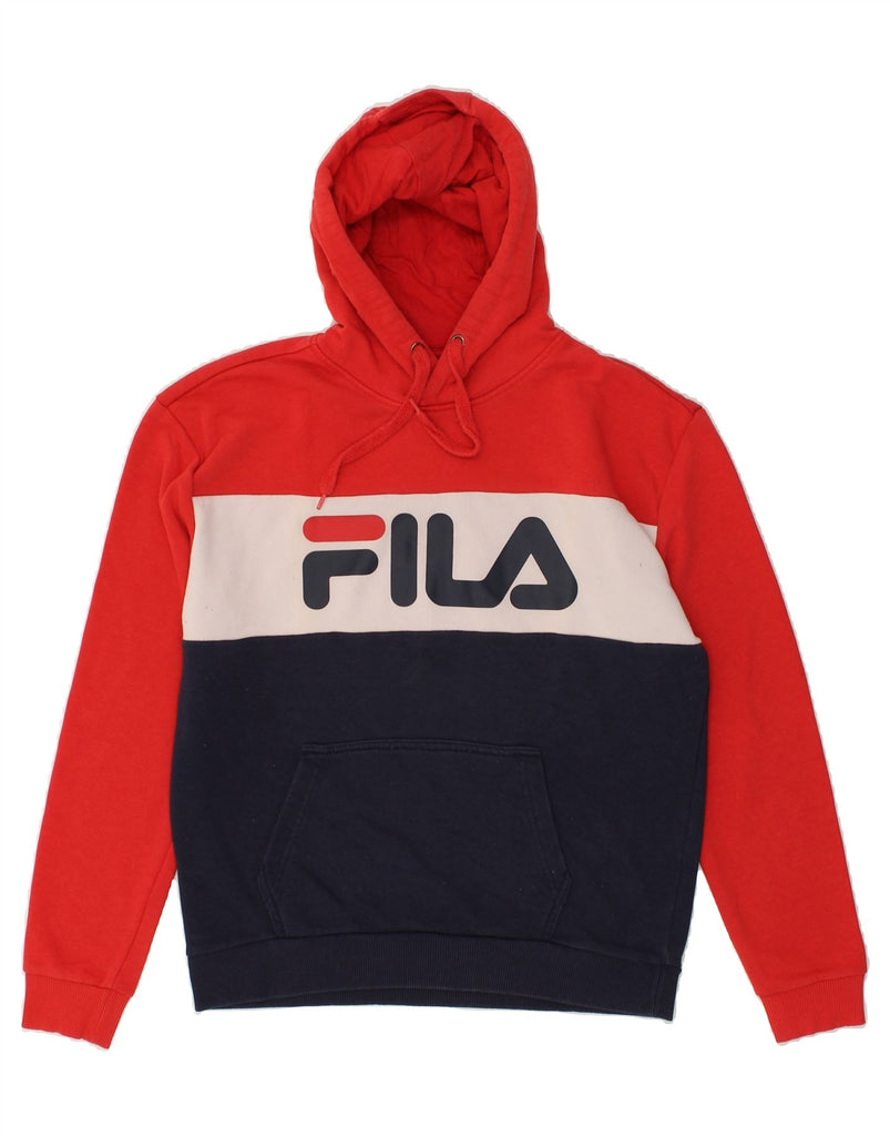 FILA Womens Graphic Hoodie Jumper UK 14 Medium Red Colourblock Cotton | Vintage Fila | Thrift | Second-Hand Fila | Used Clothing | Messina Hembry 