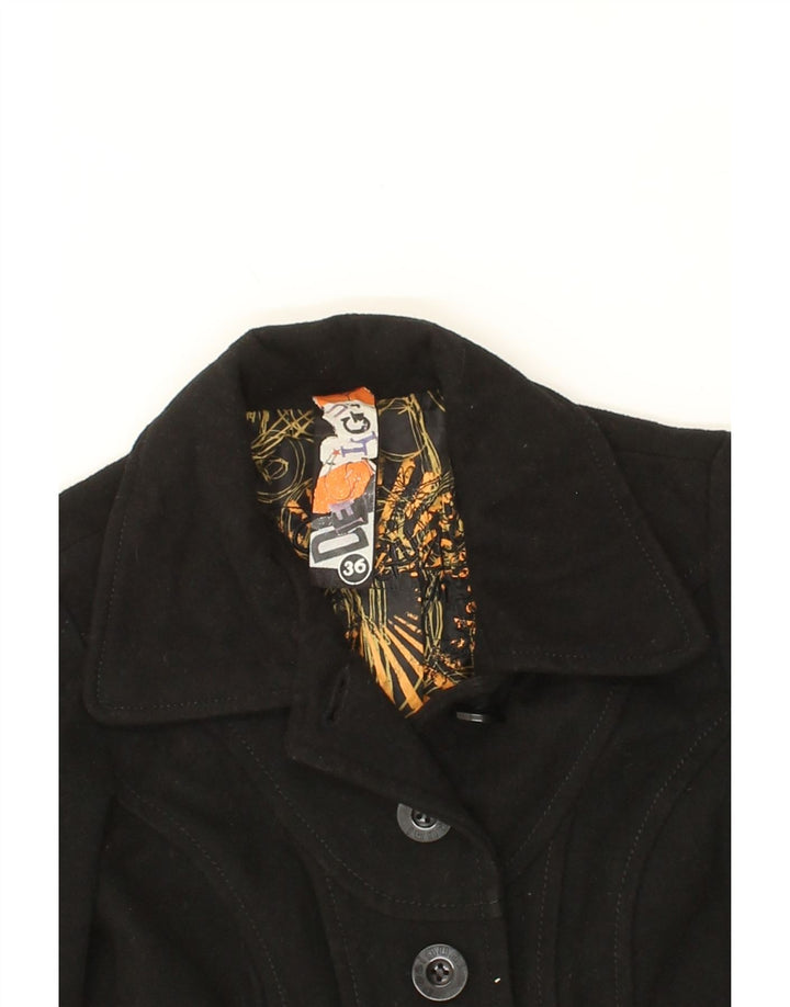 DESIGUAL Womens Graphic Overcoat EU 36 Small Black Floral Polyester Vintage Desigual and Second-Hand Desigual from Messina Hembry 