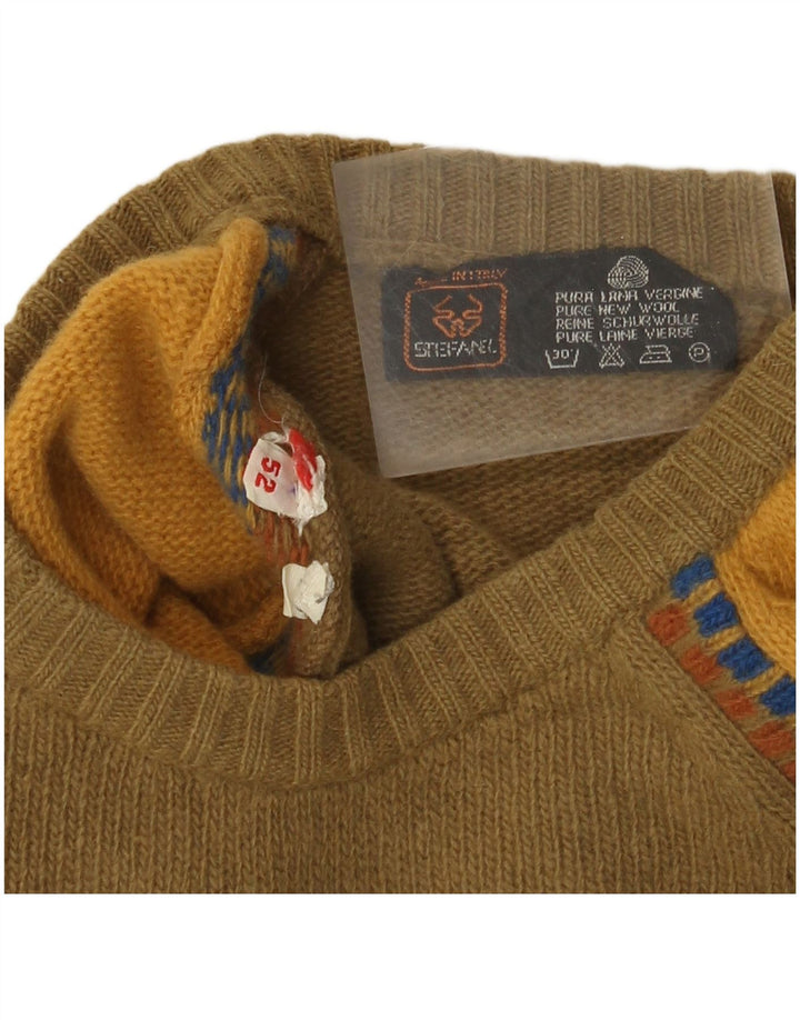 Stefanel Mens Crew Neck Jumper Sweater IT 52 Large Khaki Colourblock Wool