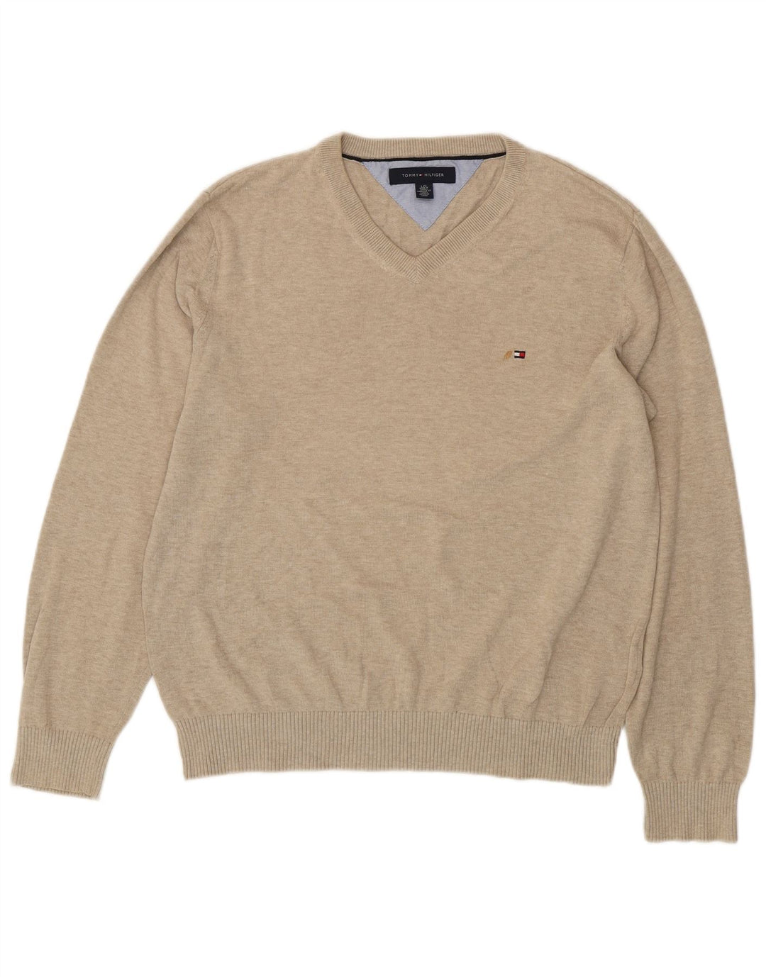 TOMMY HILFIGER Mens V-Neck Jumper Sweater Large Beige Cotton