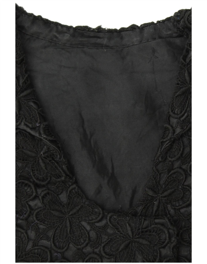 VINTAGE Womens Short Sleeve Blazer Jacket UK 12 Medium Black Floral