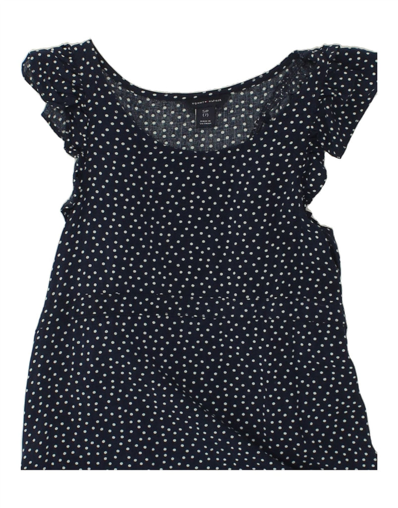 TOMMY HILFIGER Girls Tiered Dress 6-7 Years Small Navy Blue Spotted Rayon | Vintage Tommy Hilfiger | Thrift | Second-Hand Tommy Hilfiger | Used Clothing | Messina Hembry 