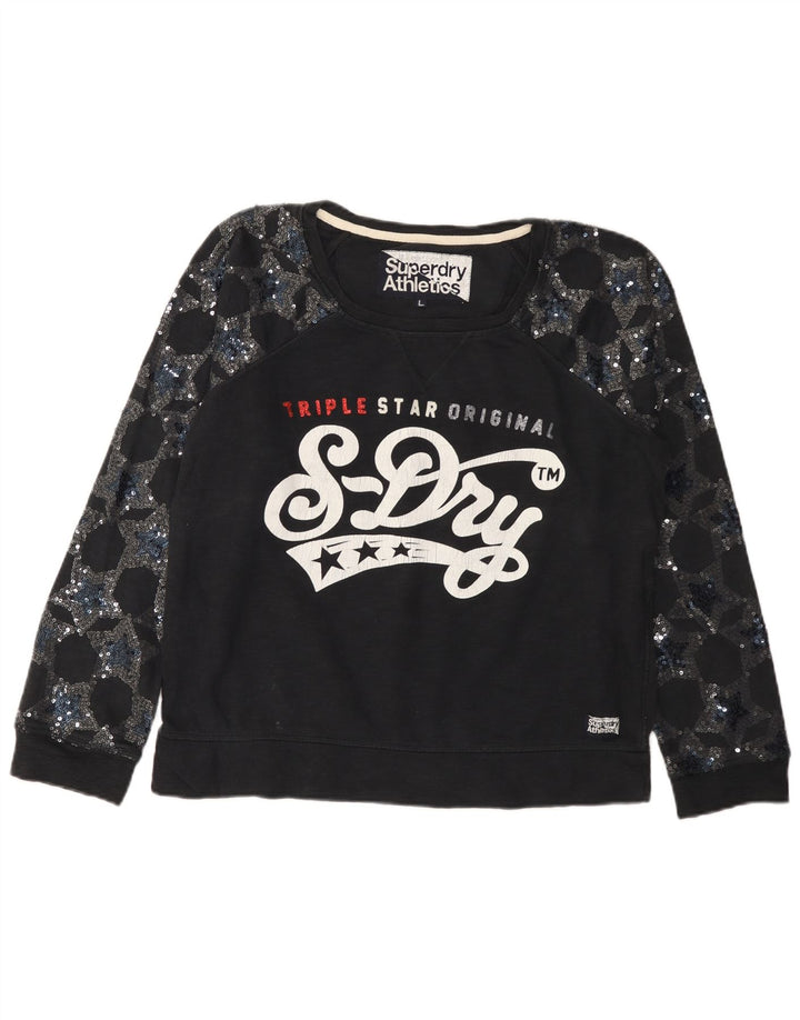 SUPERDRY Womens Graphic Sweatshirt Jumper UK 16 Large Black Cotton