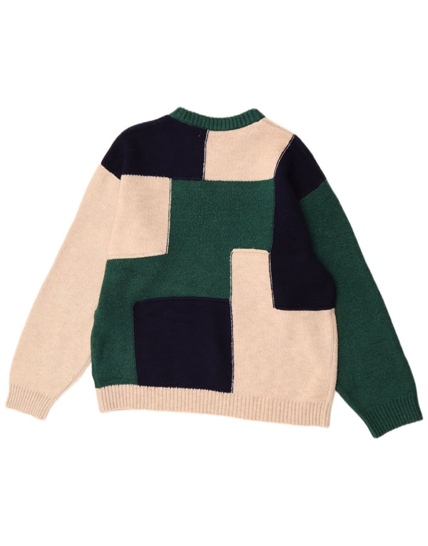 Zara Mens Boat Neck Jumper Sweater XL Green Colourblock Acrylic