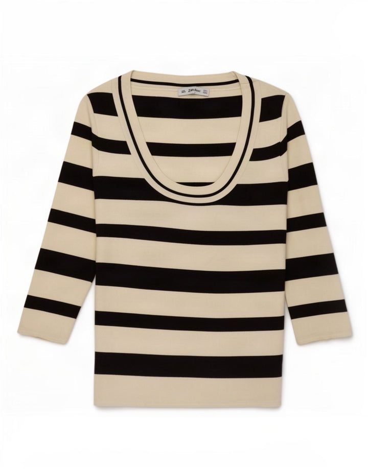 Zara Womens Top 3/4 Sleeve UK 14 Large White Striped Polyamide