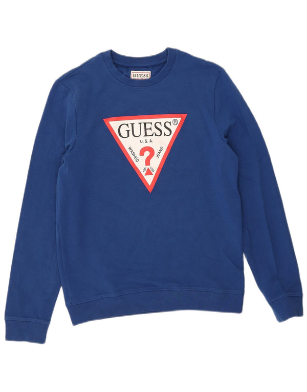 Guess Mens Graphic Sweatshirt Jumper UK 32 XS Blue Cotton
