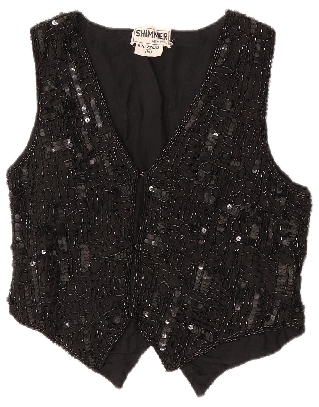 Vintage Womens Sequin Waistcoat UK 12 Medium Black Silk