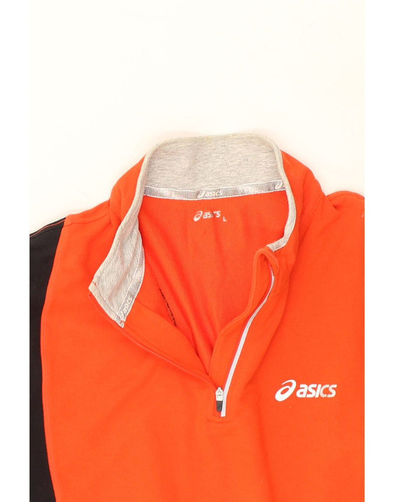 ASICS Mens Zip Neck Pullover Tracksuit Top Large Orange Colourblock Cotton | Vintage Asics | Thrift | Second-Hand Asics | Used Clothing | Messina Hembry 