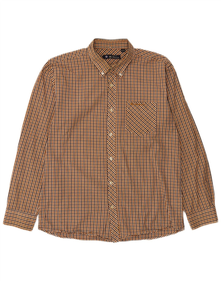 Ben Sherman Mens Shirt Large Brown Gingham Cotton