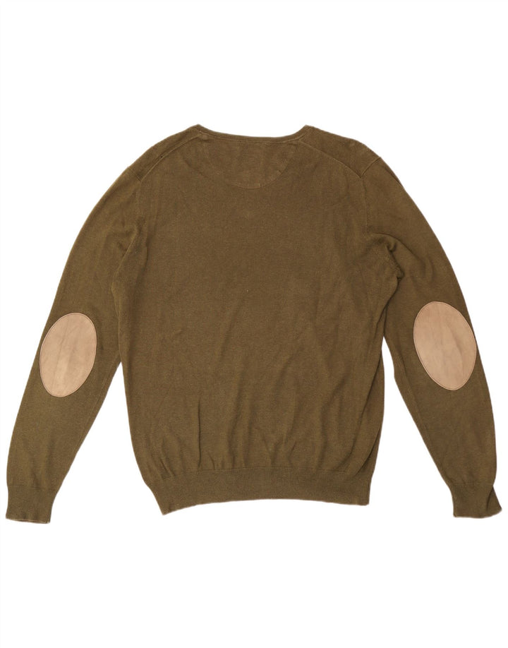 Massimo Dutti Mens V-Neck Jumper Sweater Medium Khaki Cotton