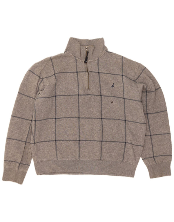 Nautica Mens Zip Neck Loose Fit Sweatshirt Jumper Medium Grey Check Cotton