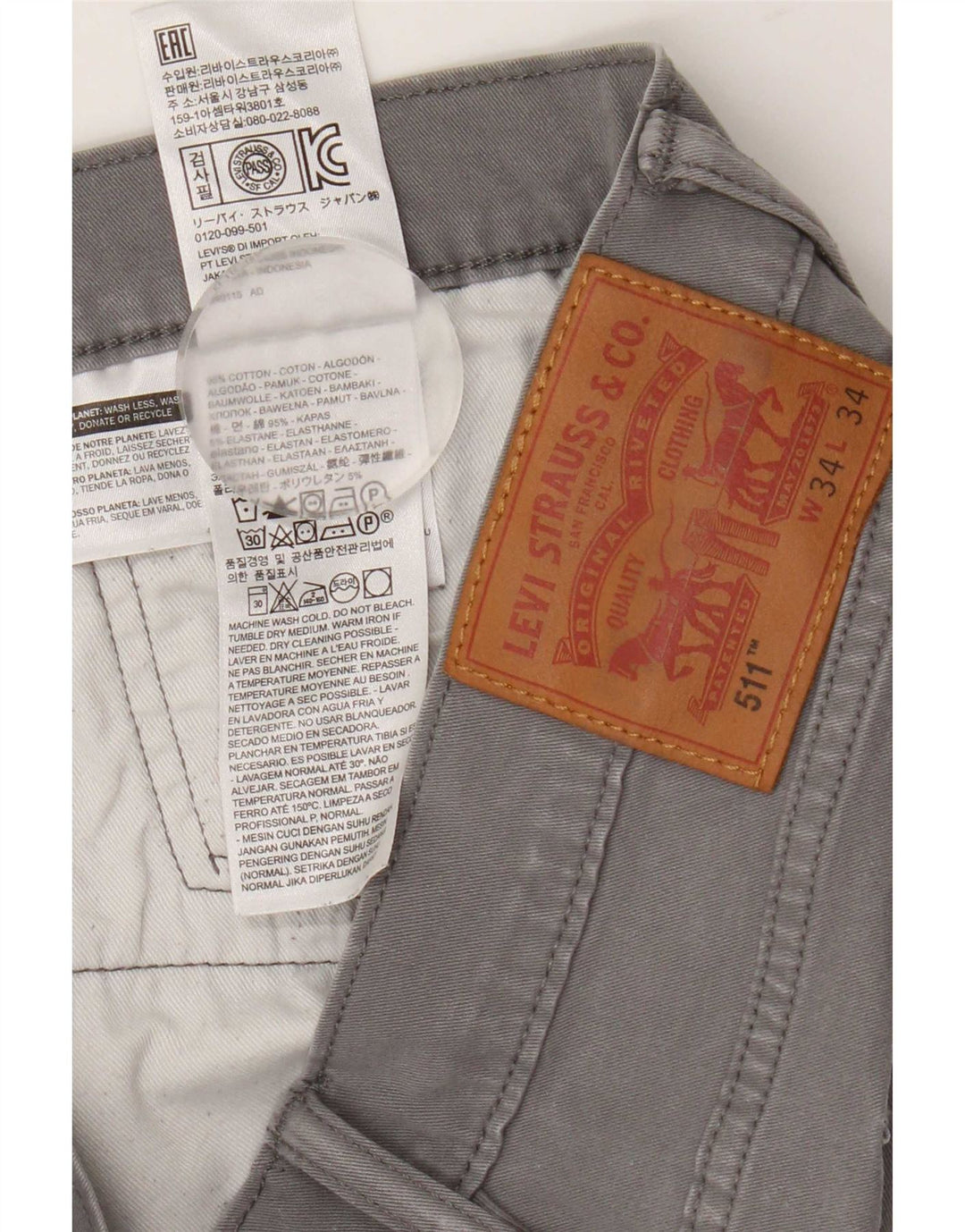 Levi's Mens 511 Slim Jeans W34 L34 Grey Cotton