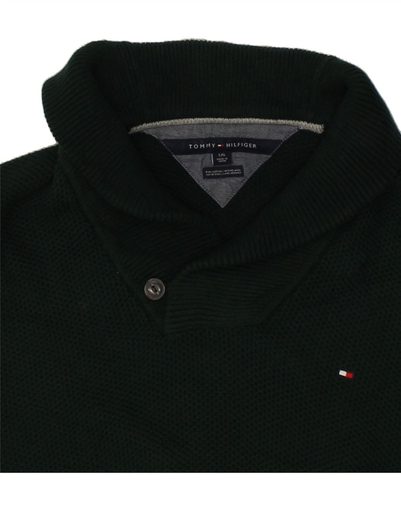 TOMMY HILFIGER Mens Shawl Neck Jumper Sweater Large Green Cotton | Vintage Tommy Hilfiger | Thrift | Second-Hand Tommy Hilfiger | Used Clothing | Messina Hembry 