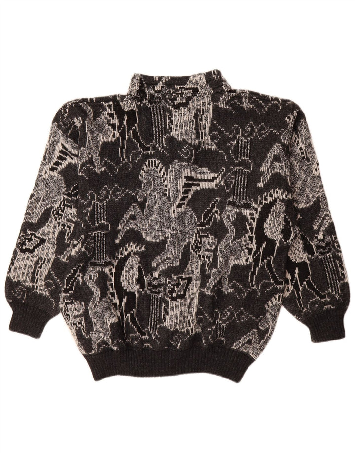 Vintage Womens Cardigan Sweater UK 18 XL Black Geometric Wool