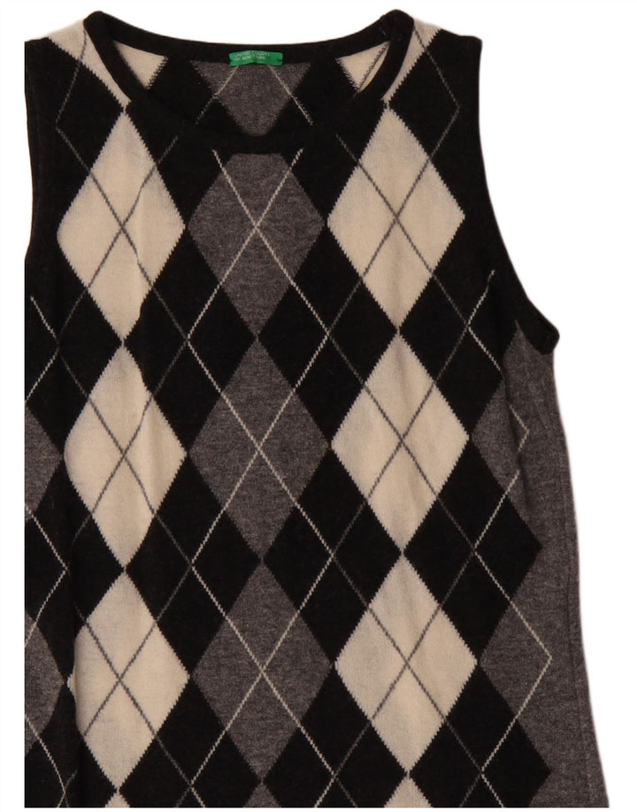 BENETTON Womens Sleeveless Jumper Dress UK 12 Medium Grey Argyle/Diamond