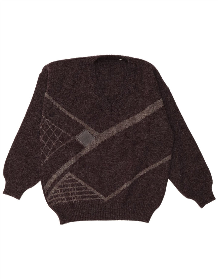 Vintage Mens V-Neck Jumper Sweater IT 52 Large Grey Geometric Acrylic