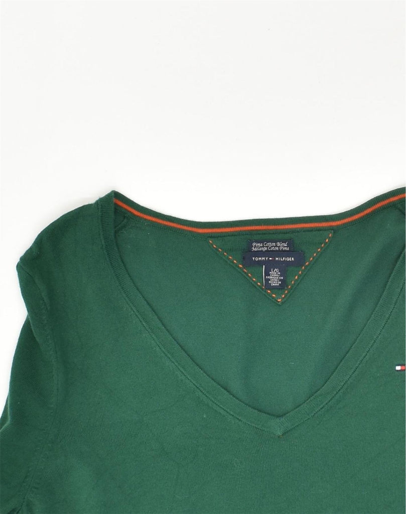 TOMMY HILFIGER Womens V-Neck Jumper Sweater UK 14 Large Green Cotton | Vintage Tommy Hilfiger | Thrift | Second-Hand Tommy Hilfiger | Used Clothing | Messina Hembry 