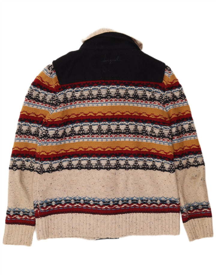DESIGUAL Womens Cardigan Sweater UK 20 2XL Off White Striped Polyester