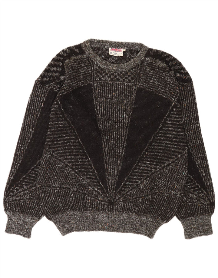 Vintage Mens Boat Neck Jumper Sweater Medium Grey Geometric Wool