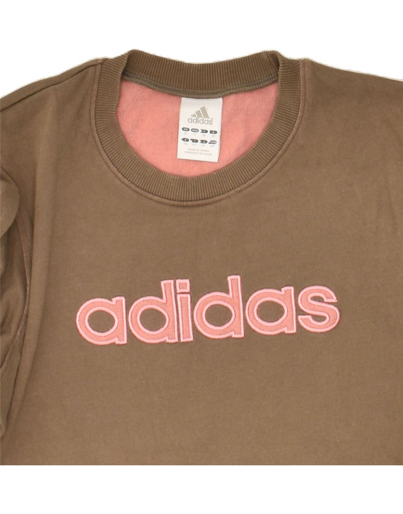 ADIDAS Womens Graphic Sweatshirt Jumper UK 10 Small Brown Vintage Adidas and Second-Hand Adidas from Messina Hembry 