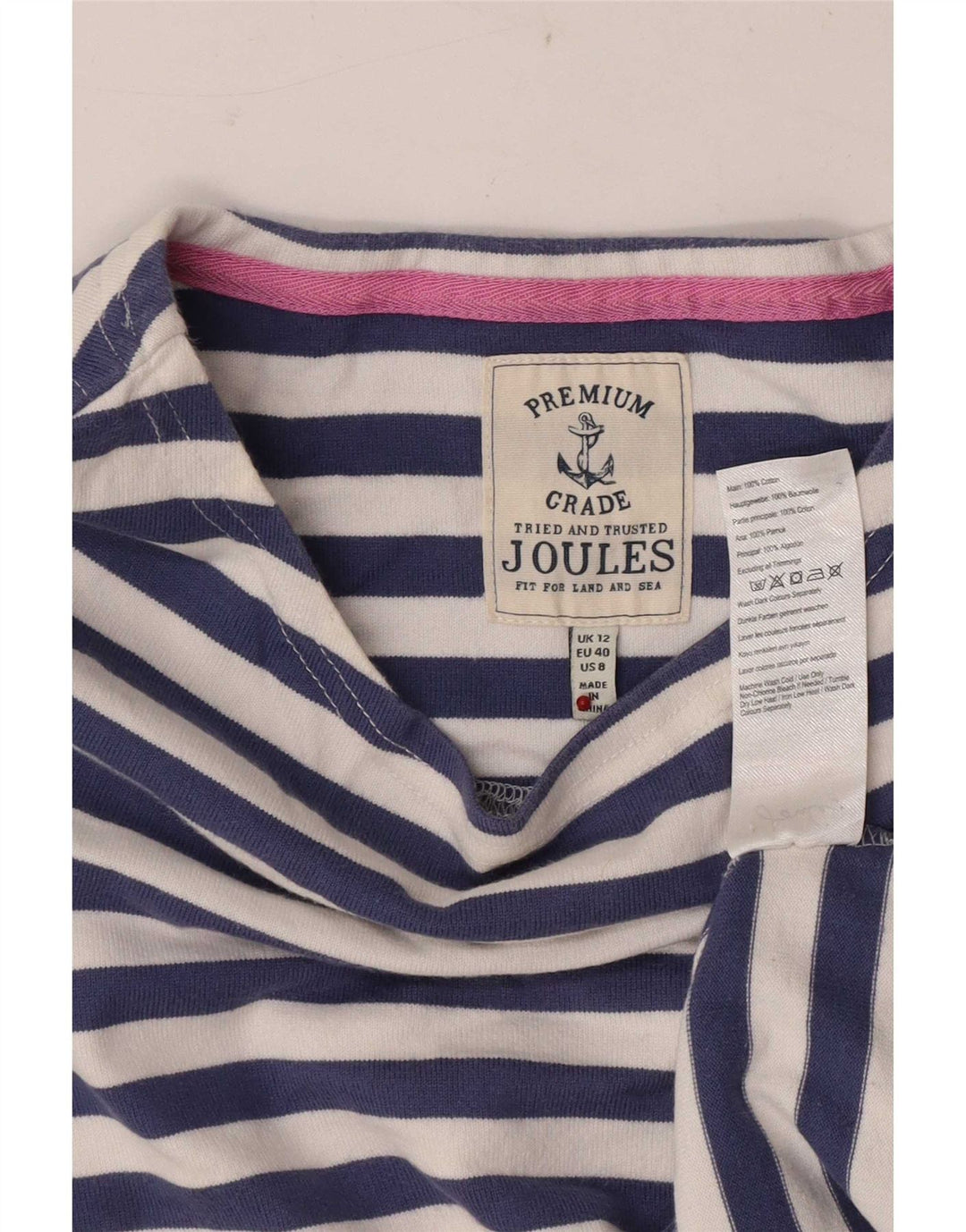 Joules Womens Regular Top 3/4 Sleeve UK 12 Medium Blue Striped Cotton