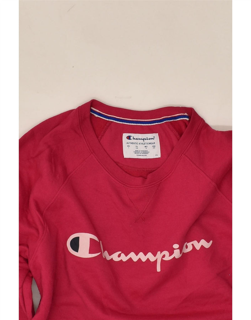 CHAMPION Womens Graphic Sweatshirt Jumper UK 16 Large Pink Polyester | Vintage Champion | Thrift | Second-Hand Champion | Used Clothing | Messina Hembry 