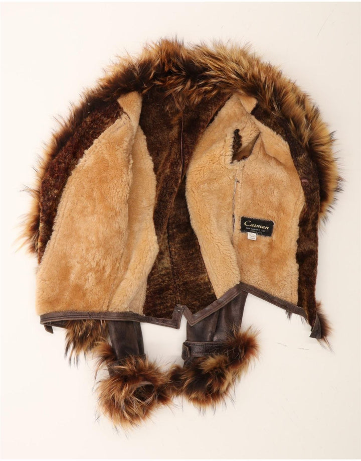 Carmen Womens Crop Shearling Jacket UK 14 Large Brown Leather