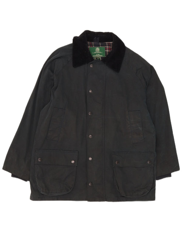Zara Mens Waxed Cotton Jacket UK 38 Medium Navy Blue Cotton