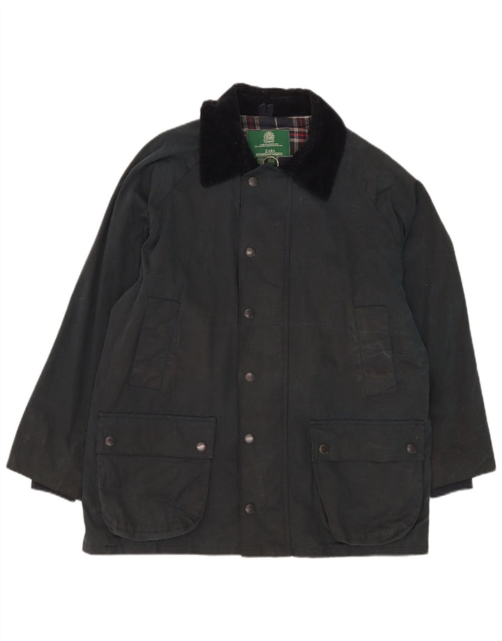 Zara Mens Waxed Cotton Jacket UK 38 Medium Navy Blue Cotton
