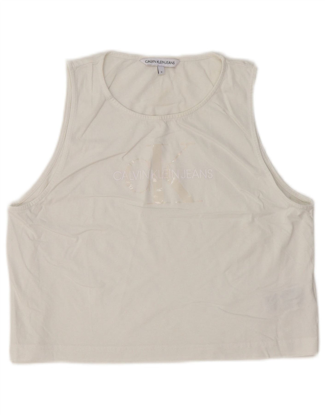 Calvin Klein Jeans Womens Crop Graphic Vest Top UK 12 Medium White Cotton