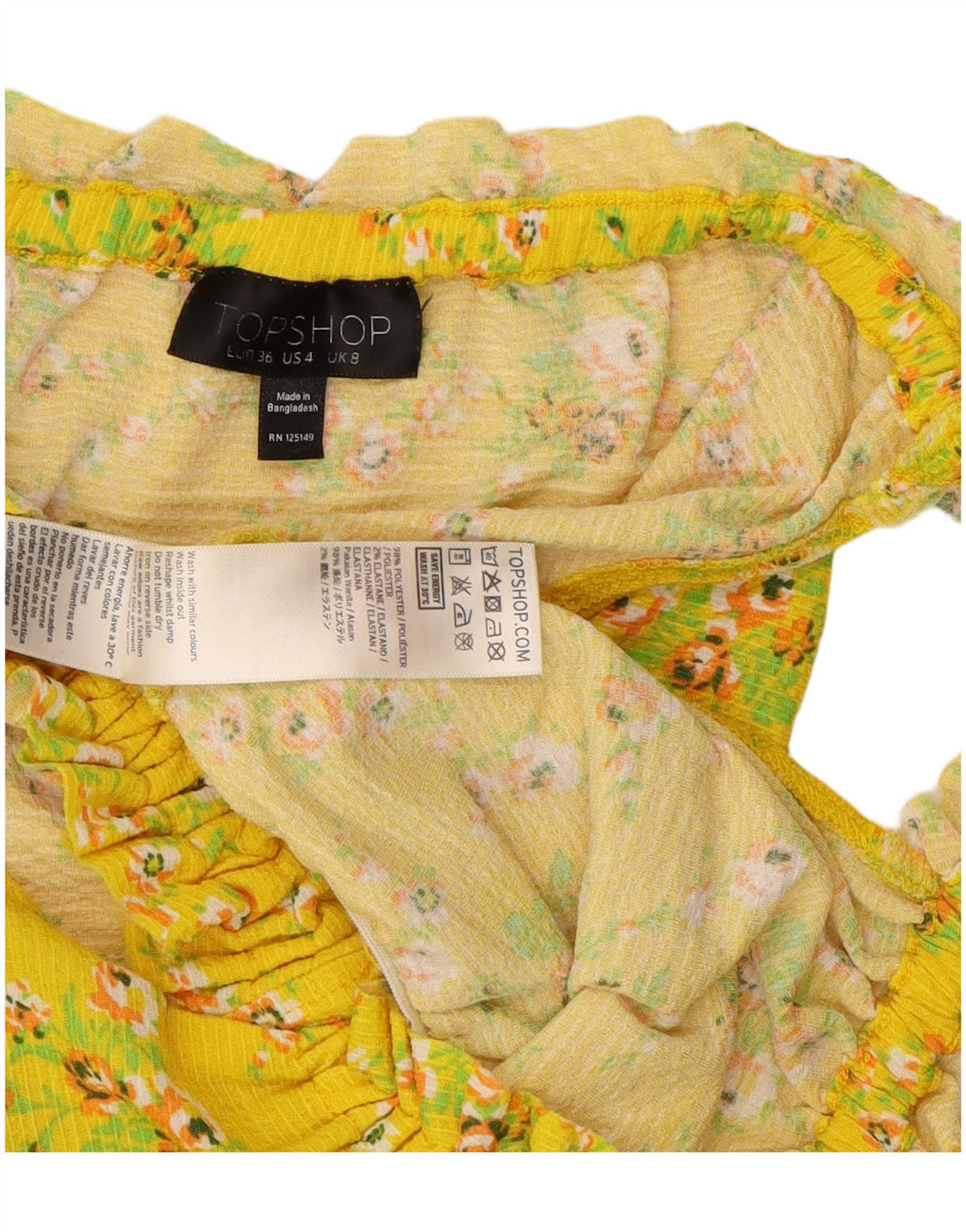 Topshop Womens Off Shoulder Crop Top UK 8 Small  Yellow Floral Polyester