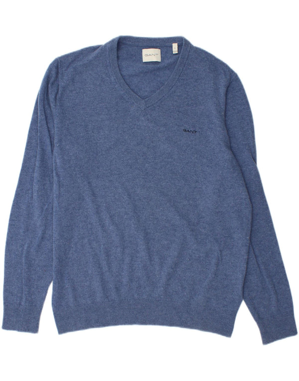 Gant Mens V-Neck Jumper Sweater Large Blue Wool