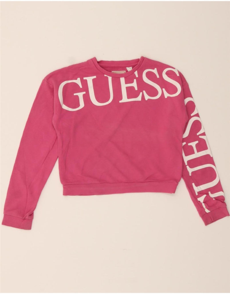 GUESS Girls Graphic Crop Sweatshirt Jumper 11-12 Years Pink Cotton Vintage Guess and Second-Hand Guess from Messina Hembry 